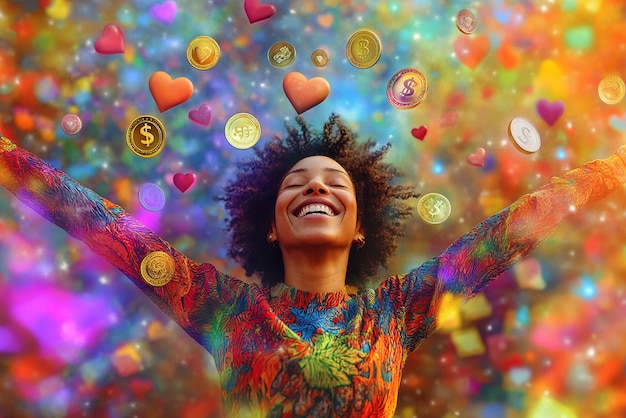 Person Surrounded by Symbols of Abundance