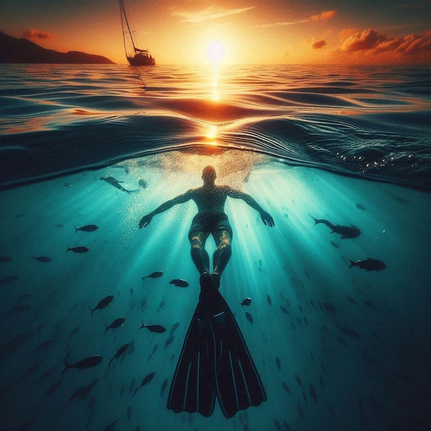 a person swimming in the ocean with a sun setting behind them