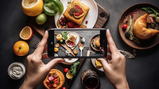 A person takes a picture of their food on their phone.