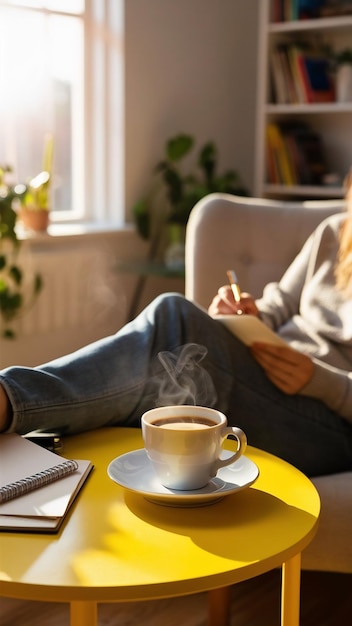 A person taking a break with a cup of coffee and a notepad on a yellow table