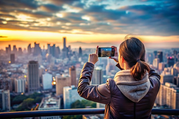 Photo person taking photo of cityscape for travel memories