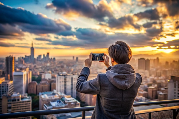 Photo person taking photo of cityscape for travel memories