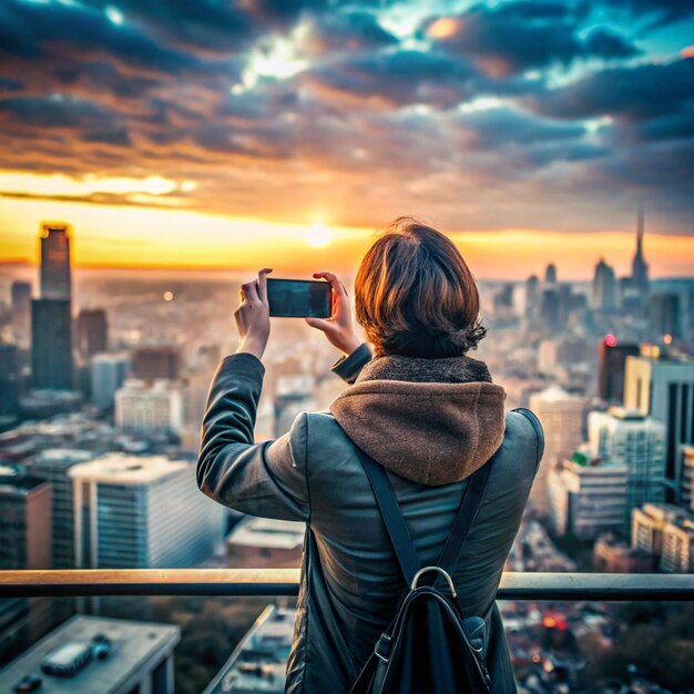 Photo person taking photo of cityscape for travel memories