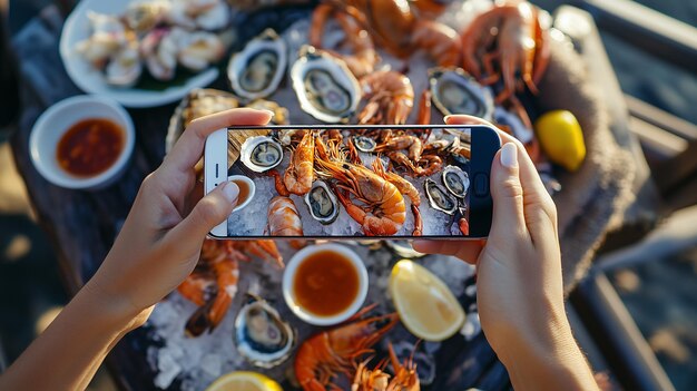 Photo a person taking a photo of fresh seafood on a wooden table