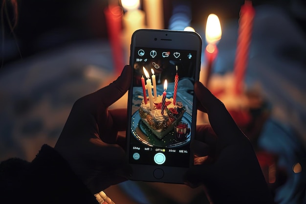 A person taking a picture of a birthday cake