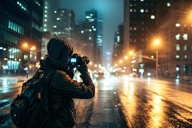 Photo a person taking a picture of a city at night