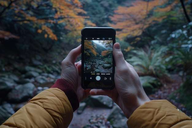 A person taking a picture of a forest