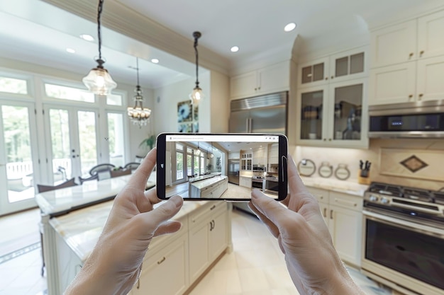 A person taking a picture of a kitchen with a phone