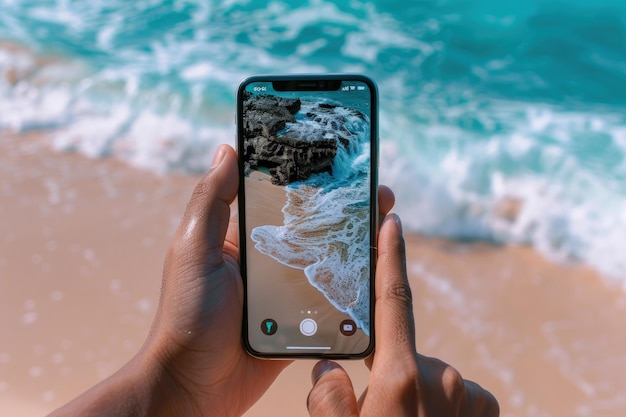 A person taking a picture of the ocean with their phone