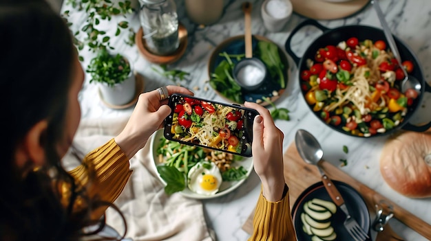 Photo a person taking a picture of a plate of food with a fork and knife