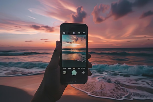 A person taking a picture of a sunset on a cell phone