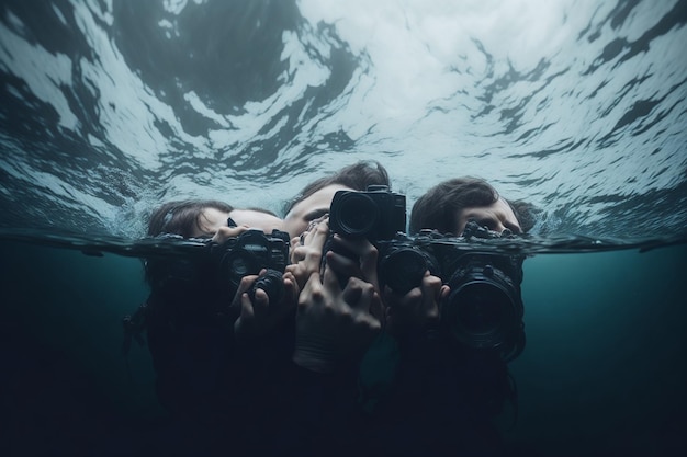 A person taking a picture of their camera under water.