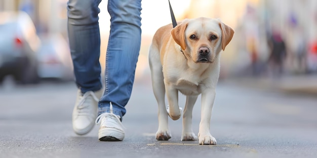 A person taking a stroll with their dog on a city sidewalk Concept City Life Pet Ownership Urban Walks HumanAnimal Bond Leisure Activities