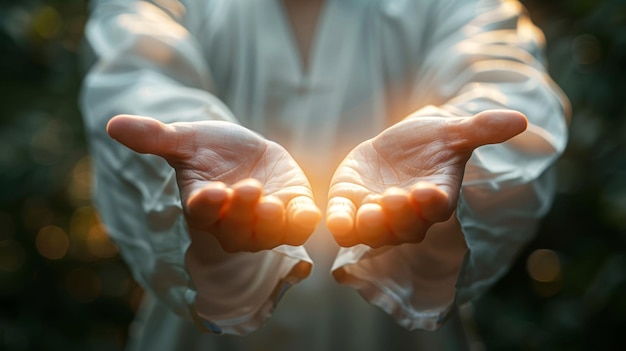 Person in traditional clothing practicing Qigong with glowing hands against a lush background