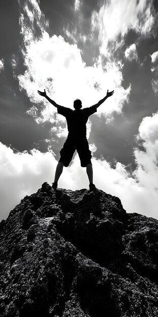 Photo person triumphantly standing on mountaintop