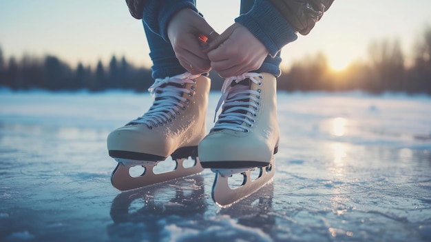 Person tying ice skates on a frozen lake during sunset creating a serene winter atmosphere