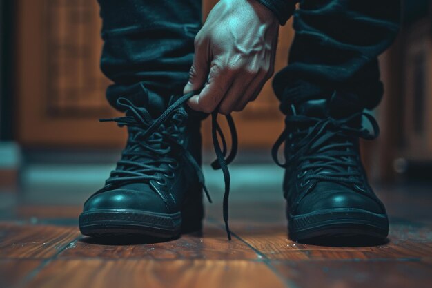 Photo person tying up a pair of black shoes suitable for fashion and lifestyle concepts