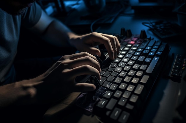 A person typing on a keyboard in a dark room.