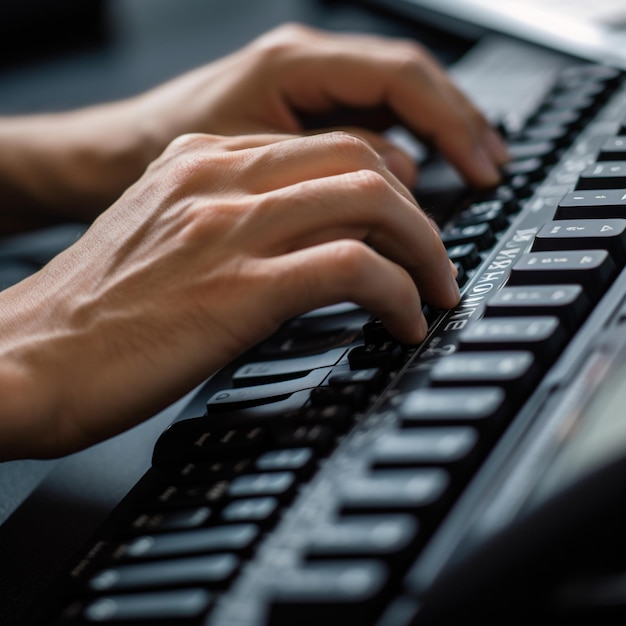 A person typing on a keyboard with the letters " h " on the keys.