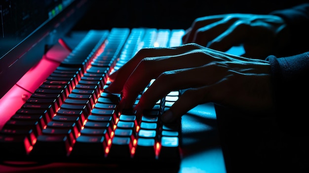 a person typing on a keyboard with the light on