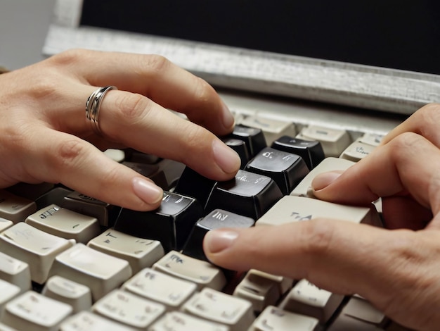 Photo a person typing on a keyboard with the number 3 on the keys