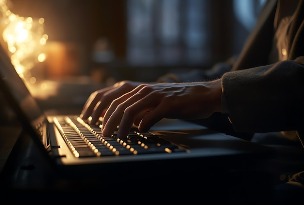 A person typing on a laptop keyboard in a dark room.