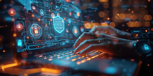 a person typing on a laptop with a blue background with a person typing on the keyboard