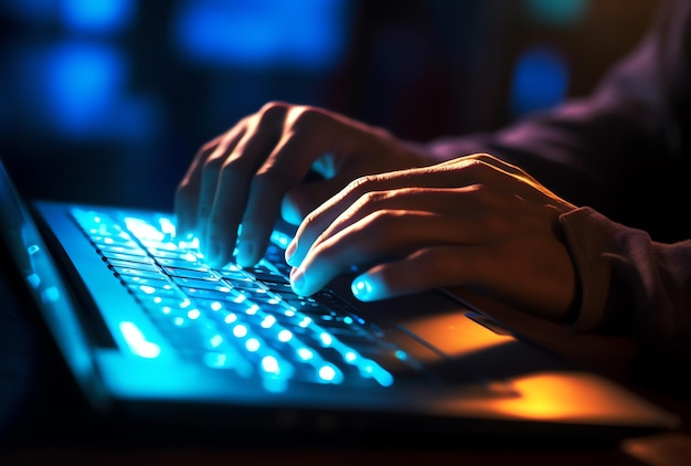 A person typing on a laptop with a blue light on the keyboard