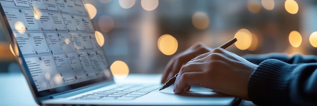 A person typing on a laptop with a blurred background of lights