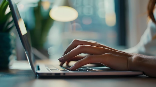 a person typing on a laptop with a blurry background