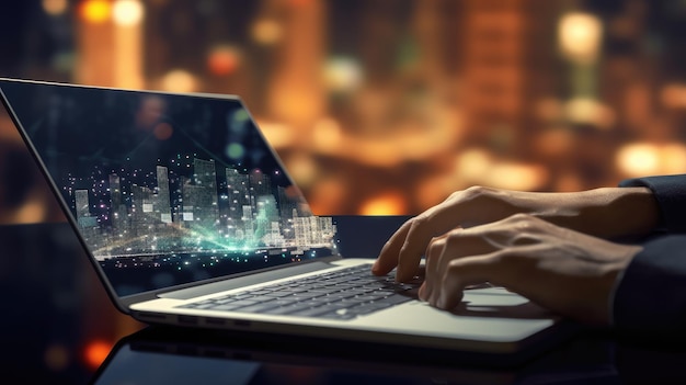 A person typing on a laptop with a cityscape in the background