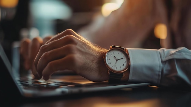 A person typing on a laptop with a classic wristwatch during a warm evening in a cozy workspace