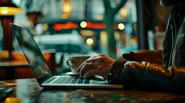 a person typing on a laptop with a coffee cup in the background