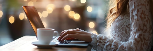 Photo a person typing on a laptop with a coffee cup in a cozy softly lit environment