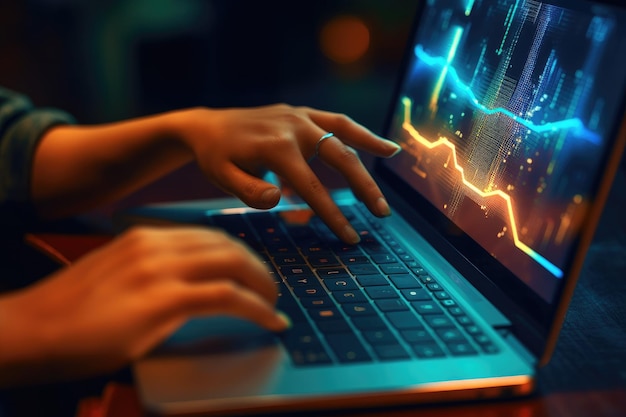 A person typing on a laptop with a colorful display on the screen.