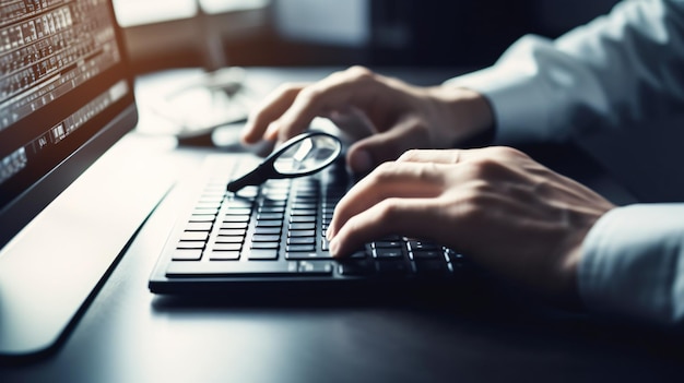 A person typing on a laptop with glasses on their hands.