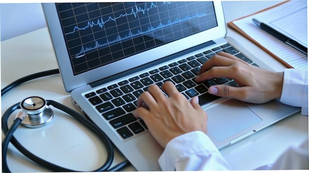 Photo a person typing on a laptop with a graph on the screen