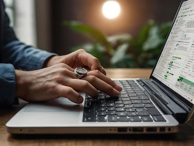 a person typing on a laptop with a green screen that says search for a green light