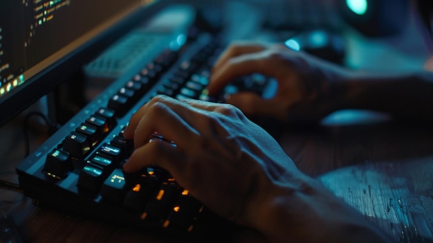 a person typing on a laptop with the keyboard lit up