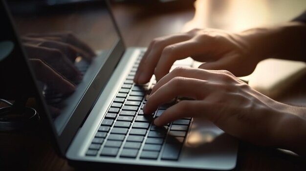 Photo a person typing on a laptop with the letters " t " on the keyboard.