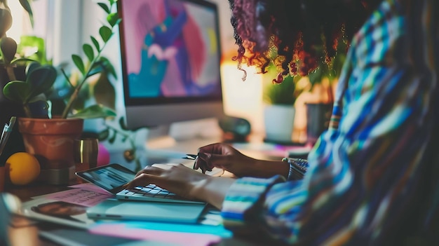 Photo a person typing on a laptop with a monitor behind them