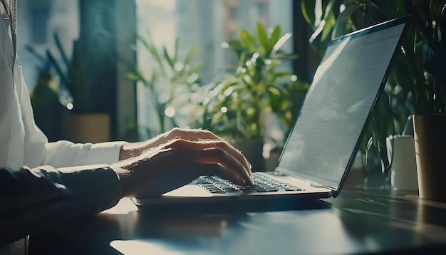 Photo a person typing on a laptop with a plant in the background