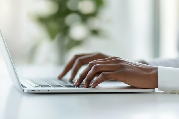 a person typing on a laptop with a plant in the background