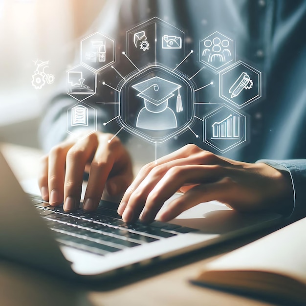 Photo a person typing on a laptop with a screen of icons of graduates