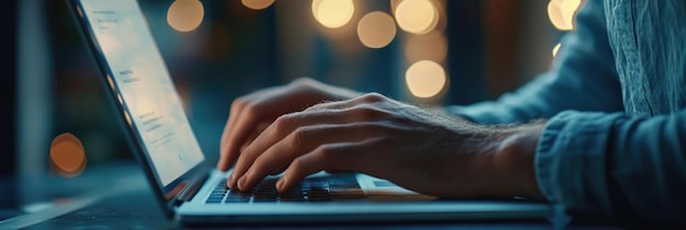 Photo a person typing on a laptop with soft bokeh lights in the background