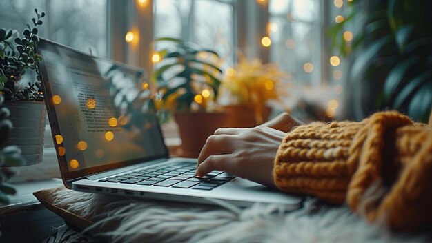 Photo a person typing on a laptop with a window behind them