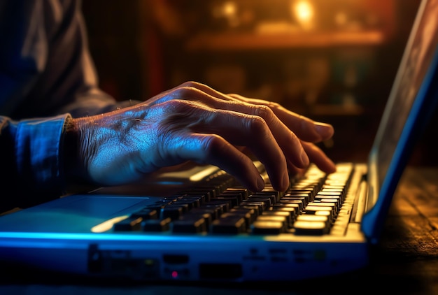 A person typing on a laptop with the word laptop on the screen