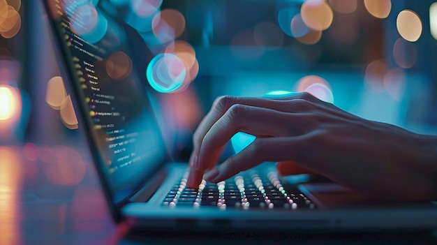 a person typing on a laptop with the word quot on the screen quot