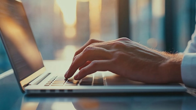 a person typing on a laptop with the word  on the screen