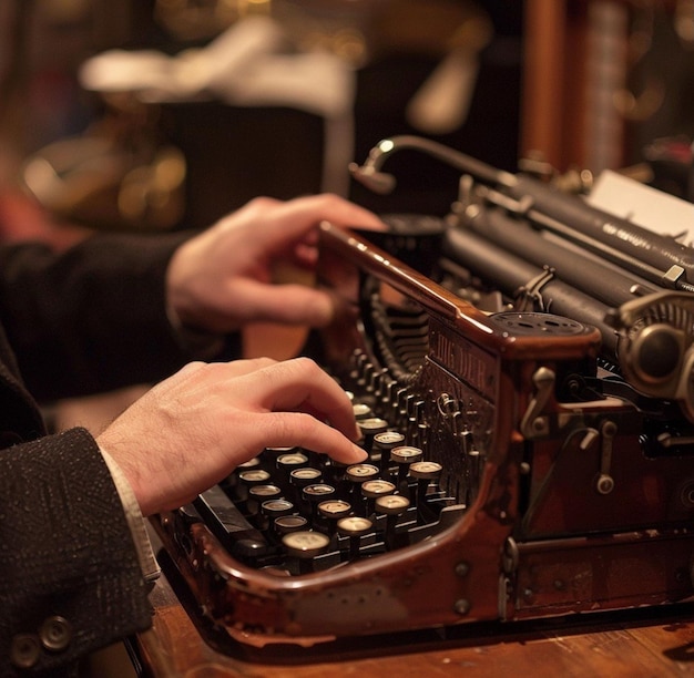 a person typing on an old typewriter with a paper in the background